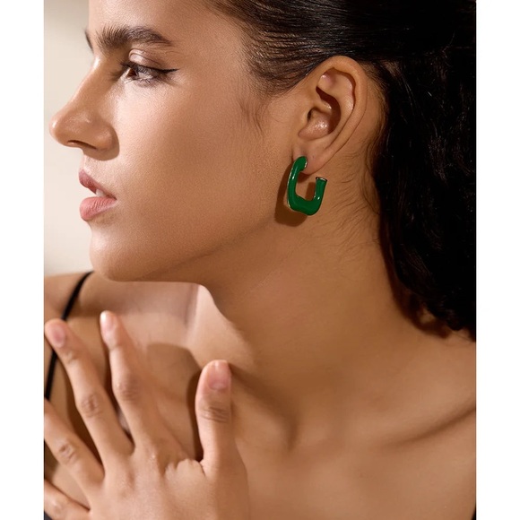 18K Gold Plated Square Hoop Earrings*Green Enamel Festival*Christmas*Halloween*M - Picture 4 of 5